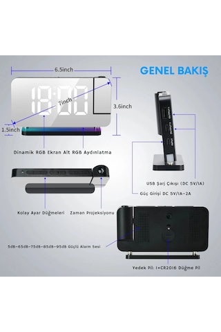 Etashop Rgb Projeksiyonlu Çalar Saat -7ayna Led Dijital Saat Tavana Zaman Yansıtma Usb & Type C Şarj Beyaz