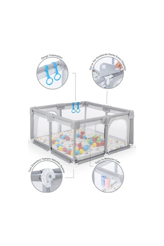 Playard Güvenli Bebek Ve Çocuk Oyun Alanı Oyun Parkı 120x120 Oyun Matı Topları Ve Yataklı Açık Gri