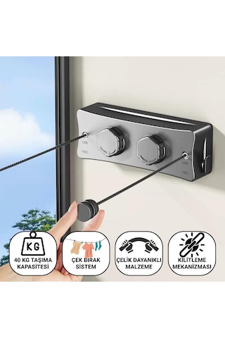 Coofbe 40kg Taşıma Kapasiteli Çelik Çamaşır Asma İpi Makinası Çamaşır Kurutma İpi Çamaşır Askılığı Siyah