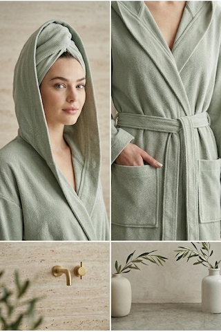 Soft Comfort Lacost Örgü Unisex Kapüşonlu Bornoz Yeşil