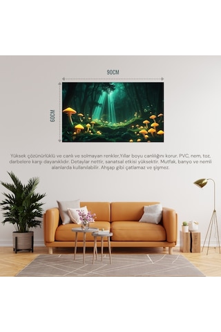 Doğa Ve Manzara Yatay Parlayan Mantarlar Ve Büyülü Işık Huzmeleri Mistik Orman 04 Çerçevesiz 90x60cm Pvc Tablo