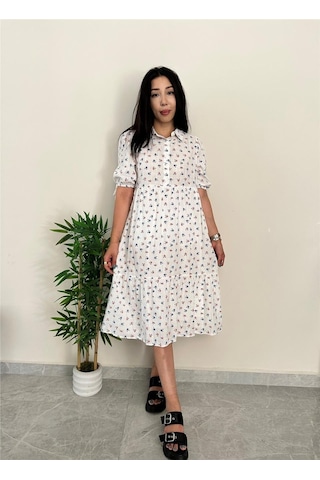 Simli Moda Çiçek Desenli Ekru Elbise Ekru