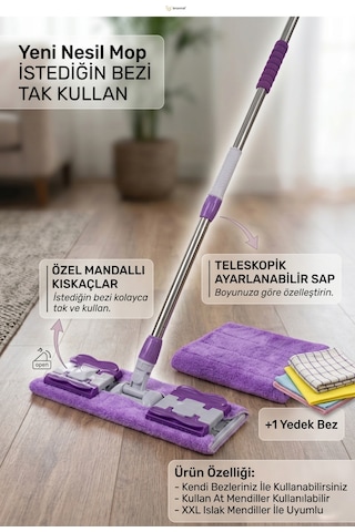 Mandallı Mop Full Temizlik Seti 2 Adet Mikrofiber Bezli Pratik Yer Temizleme Mopu
