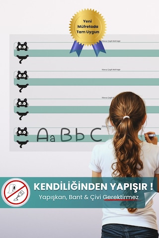 Kedili Kılavuz Çizgili Yazı Tahtası, Yeni Müfredata Uygun, İz Bırakmayan Sihirli Akıllı Kağıt Tahta Şeffaf - Yeşil