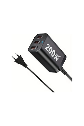 Topshop1 Siyah Yms-618 200w Gan Iıı 6 Portlu Usb C Şarj Aleti Qc3 1 Pd 100w Dizüstü Şarj Adaptörü Macbook İphone Uyumlu Galaxy Uyumlu S24 S23 S22 İçin