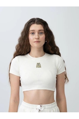 Zekids Kız Çocuk Fitilli Yarım Kollu Crop T-shirt-15799 Krem Yeşil