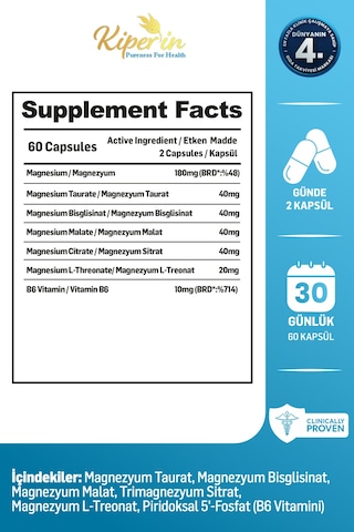 Kiperin 5x Çoklu Magnezyum Taurat, Bisglisinat, Malat, Sitrat, L-treonat 60kapsül Akıllı Gıda Takviyesi