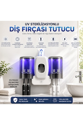 Uv Sterilizasyonlu Diş Fırçası Tutucu, Otomatik Diş Macunu Dispenseri, 4 Fırça Kapasiteli, 1200mah Şarjlı, Duvara Monte Beyaz