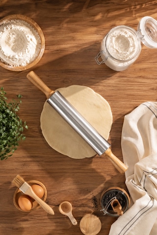 Porsima Mnb05773 Ahşap Saplı Paslanmaz Çelik Merdane Oklava Hamur Pizza Börek Açma Oklava 43cm