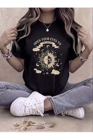 Siyah Güneş Ve Ay Baskılı Oversize T-shirt Siyah