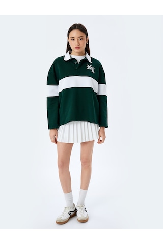 Koton Polo Yaka Nakışlı Düğmeli Renk Bloklu Oversize Sweatshirt Yeşil 5sal10439ık Yeşil