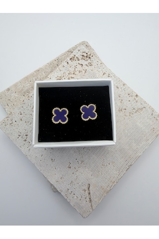 Çelik Yonca Küpe Renkli Mineli Gold Kadın Küpe 1 Cm Minimal Günlük Küpe Lacivert