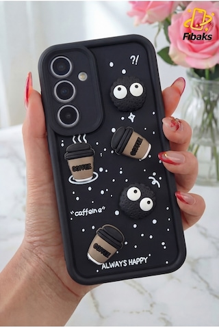 Galaxy Uyumlu A16 Kamera Korumalı Coffee Kurabiye Figürlü Siyah Yumuşak Silikon Kapak