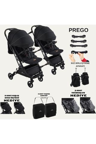 Prego Yan Yana Birleştirmeli Kabin Boy İkiz Bebek Arabası Ayak Örtüsü + Yağmurluk + Taşıma Çanatası