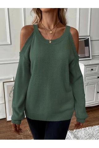 Kadın Uzun Kollu Omuzlardan Açık Askılı Yuvarlak Yaka Triko Bluz Yeşil