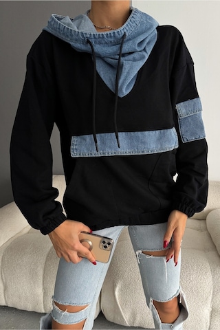 Femelle Kot Garnili Kapüşonlu Tasarım Sweatshirt siyah