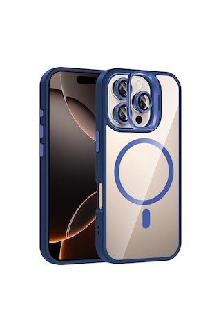 Mobilefix Iphone Uyumlu 16 Pro Max Kılıf Standlı Ve Kamera Lens Hediyeli M-safe Şarj Özellikli Kisamarka Lacivert