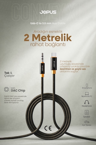 Jopus İphone Android Uyumlu - Type-c To 3.5mm Aux Ses Kablosu - Tak Çalıştır Aux Örgülü - 2 Metre Ja-12