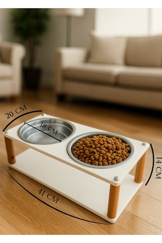 Reyo Ok-ay Store Veynor Modern Ahşap Demonte Kedi Köpek Mama Standı 2'li Paslanmaz Çelik Kaseli Mama Ve Su Standı Beyaz