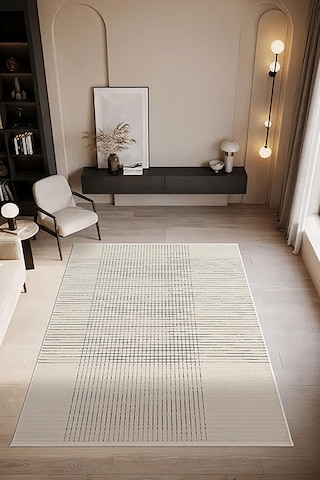 Look Black Lb001w Krem Halı Siyah Dekoratif Çizgili Modern Desen Akrilik Yumuşak Tozuaz Salon Halısı-892 Krem