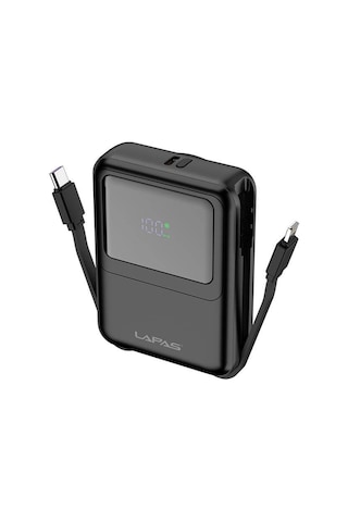 10000 Mah Kablosuz Powerbank Dijital Led Ekranlı, Type-c & Lightning Kabloları, Güçlü 15w Hızlı Şarj Siyah