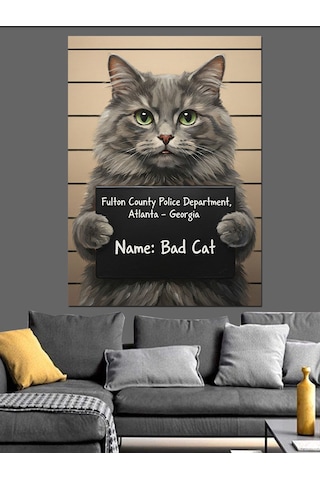 Tablo Mega Gri Kedi Komik Altyazı Dekoratif Kanvas - Mdf Ahşap Tablo