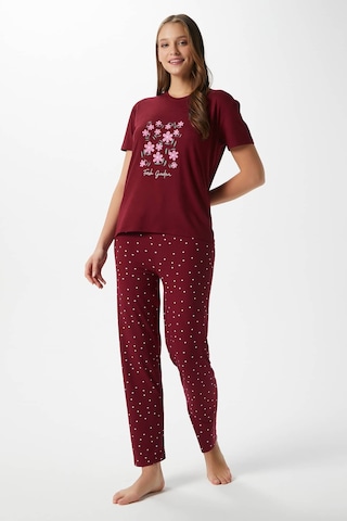 Ritnice Kadın Garden Yumuşak Doku Bordo Çiçek Desen Bisiklet Yaka Kısa Kollu Alt Üst Pijama Takımı