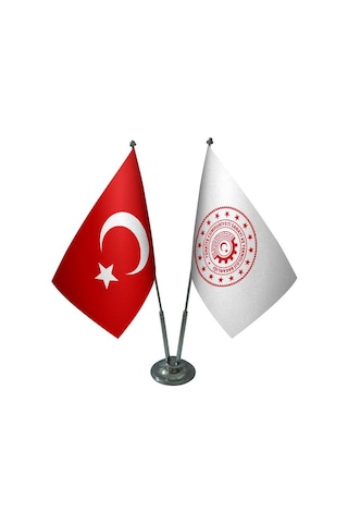 Masa Üstü Sanayi Bakanlığı Bayrağı Türk Bayrağı İkili Krom Direk
