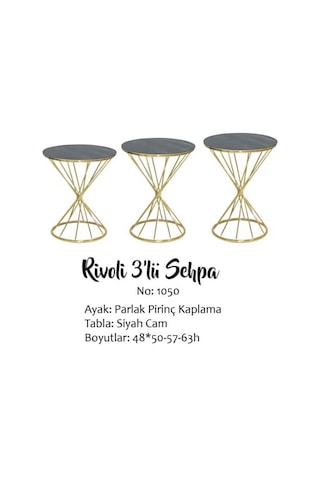 Zigon Sehpa BRC RİVOLİ Model 3'lü 1050 Siyah Cam tabla Gold Parlak Pirinç Ayak El Yapım