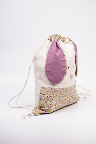 Fabric Craft Bag Çocuk Sırt Çantası Çiçek Desenli Figürlü Bez Model 33x44 Cm Astarlı Krem - Mor
