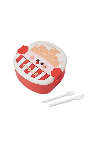 Kızarmış Tavuk Şeklinde Çocuklar İçin Taşınabilir Kapaklı Çatal Kaşık 3 Bölmeli Öğle Yemeği Kutusu Kırmızı