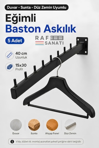 5 Adet - Duvara Monte Eğimli Baston Askılık 40 Cm - Mağaza Butik Elbise Kıyafet Askılığı Siyah