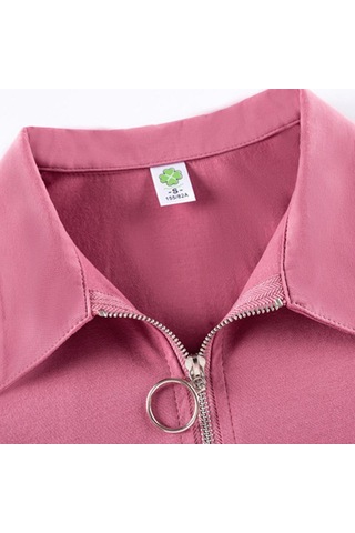 Pembe Fermuar Turn-down Yaka T Gömlek Kadın Kısa Kollu Yaz Üstleri Pamuk Tshirt Kadın Kore Giysileri Tee Gömlek Femme Pembe