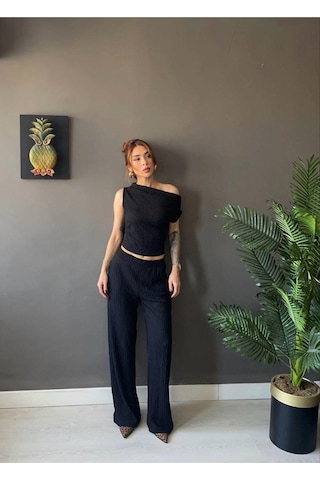 Kadın Waffle Kumaş Kayık Yaka Crop Bluz Pantolon Takım Rahat Şık Yazlık 2 Li Takım Siyah