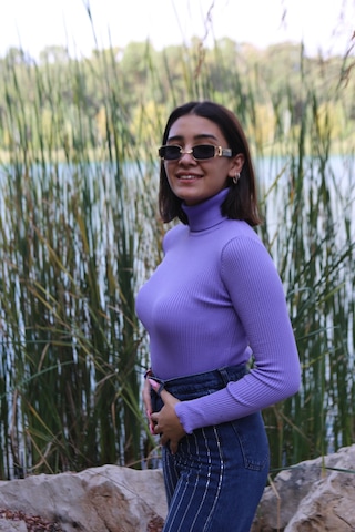 İpli Mor Renk Balıkçı Yaka Kadın Kazak Mor