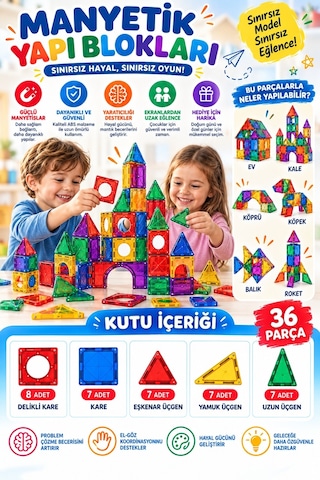 36 Parça Manyetik Blok Seti Çocuk Eğitici Manyetik Yapı Oyuncağı Zeka Geliştirici Yapı Blokları 3 Yaş Ve Üzeri
