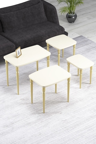 Imaj Mdf Ve Lake Boya, Krem 4lü Zigon Sehpa Takımı, Doğal Vernikli Gürgen Ayaklar Sehpalar Krem Ayaklar Gold