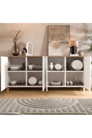 Robin Home Alaska Konsol 4 Kapaklı Ahşap Ayaklı 180cm Sepet-beyaz Beyaz