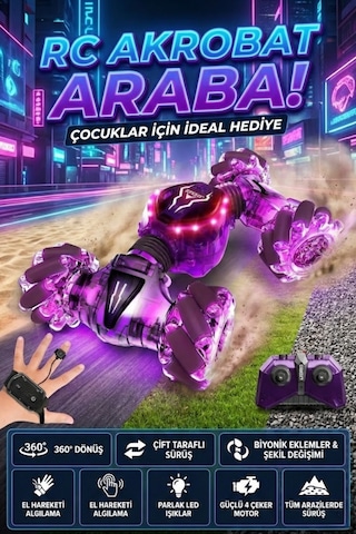 Craftivio Uzaktan Kumandalı El Hareket Sensörlü Akrobat Araba 360 Derece Dönen Şarjlı Işıklı 4wd Drift Arabası
