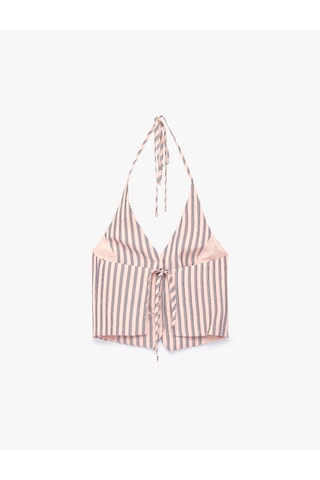 Koton Viskon Halter Yaka Çizgili Düğmeli Boyundan Bağlamalı Bluz Pembe Çizgili 6sal30034ıw