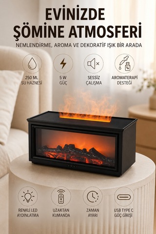 Astraltech Alev Efektli Aroma Yayıcı Hava Nemlendirici Uzaktan Kumandalı Gece Lambası