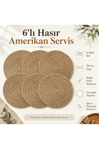 6'lı Hasır Amerikan Servis Seti - 33 Cm Çok Renkli