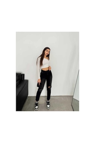 Kene Jeans Yüksek Bel Siyah Çift Diz Lazer Yırtık Mom Jeans Siyah