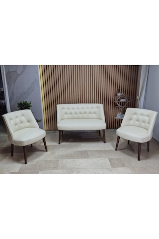 Azra Mobilya Deri Çay Seti Koltuk Takımı - Bekleme Salonu - Cafe Mobilya - Ofis Mobilya - Balkon Mobilya Krem