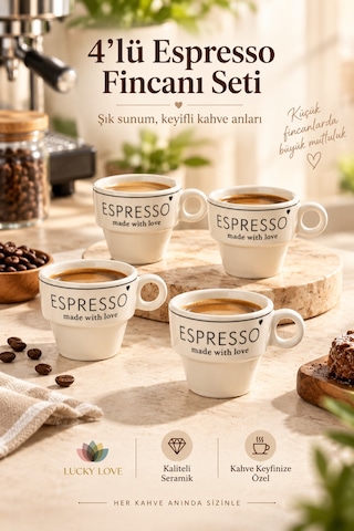 4 Lü Espresso Fincanı Seti Beyaz Seramik Made With Love Tasarımlı Kahve Fincanı