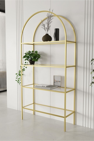 4 Raflı Camlı Kitaplık Gold Eskitme Ayak Temperli Şeffaf Cam