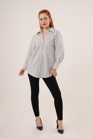 Çift Çizgi Geçişli Düğmeli Gri Gömlek Karışık Çok Renkli