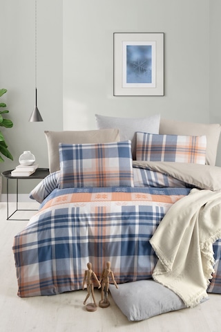 Lastikli Çarşaflı Çift Kişilik Nevresim Takımı Plaid Lacivert