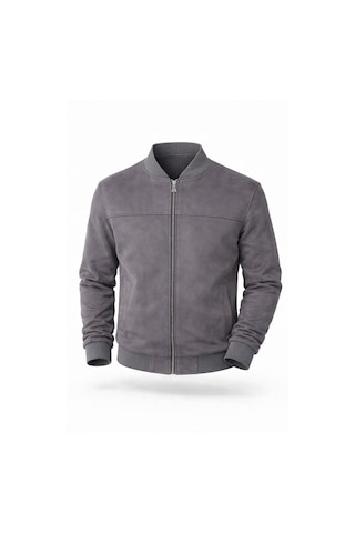 Premium Slim Fit Bomber Kolej Deri Ceket Gri