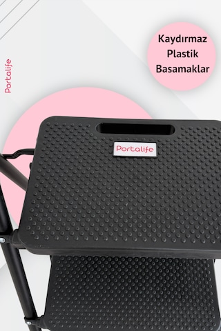Portalife 2 Basamaklı Uzun Tutacaklı Şık Siyah Çelik Merdiven 100 Cm'ye Kadar
